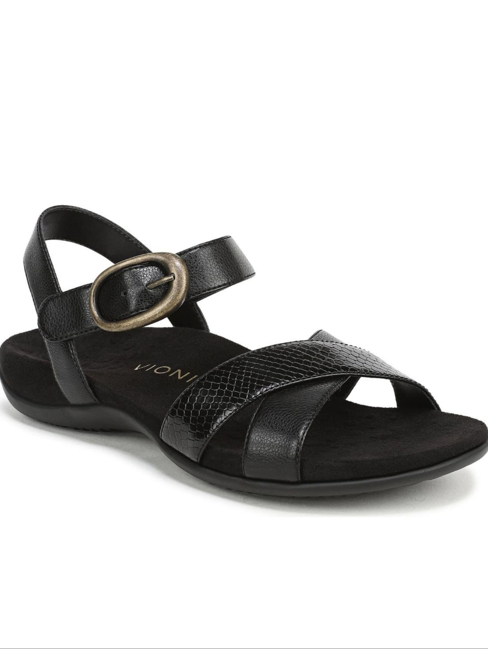 Vionic New Leather Black Ankle Strap Comfy Flat Walking Summer Sandals